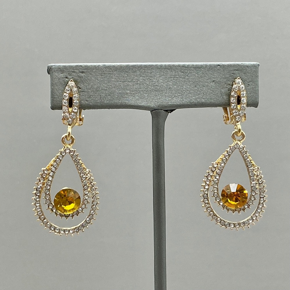 Dangle Drop Earrings Women Gold Tone Yellow Rhinestone Double Teardrop Clip On